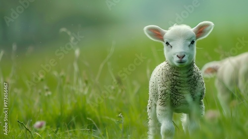 A Fluffy Lamb Gazing at the Camera in a Meadow