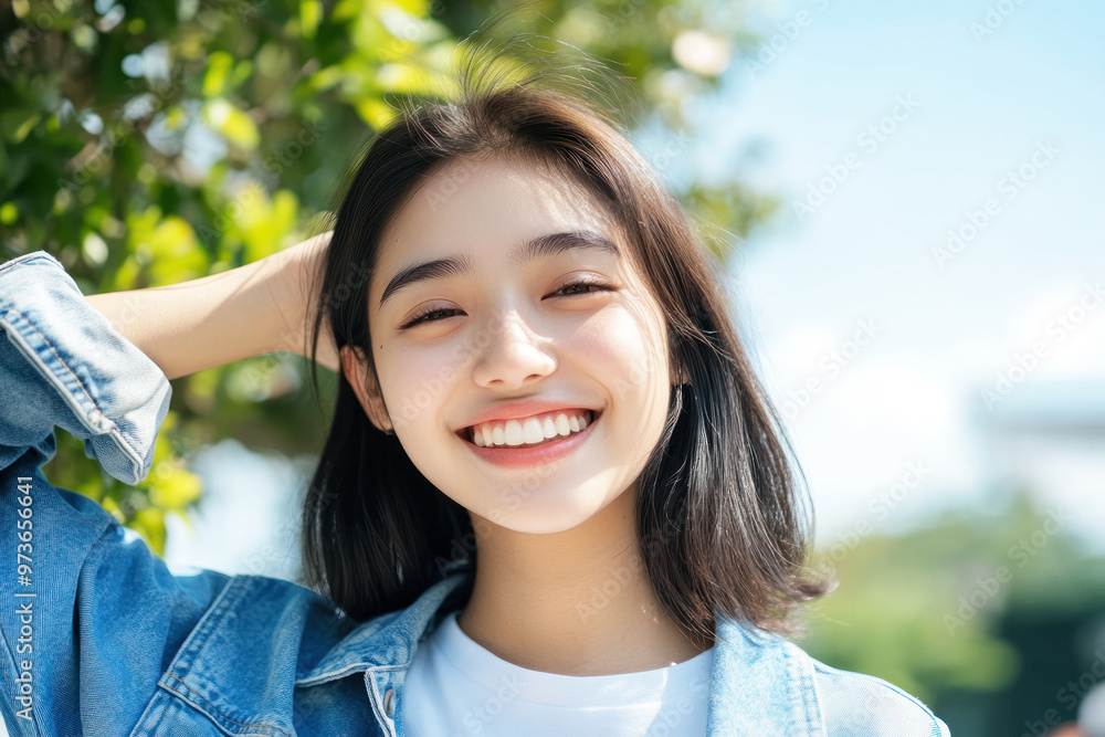 Indonesian woman in casual shirt smile arm on head at sunny park Indonesian woman in casual shirt smile arm on head at sunny park