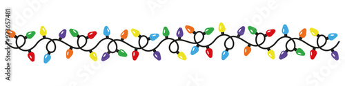 Decorative Christmas lights border in flat style. Vector design of colorful string lightbulb garland.  Winter holiday decorative element for xmas cards, invitations, banners, posters
