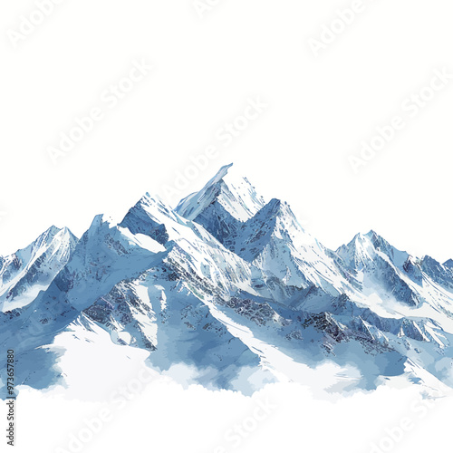 Snowy mountains isolated on white background. Digital painting. 3D illustration.