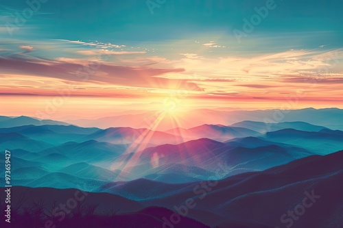 Panoramic view of colorful sunrise in mountains. Filtered image:cross processed vintage effect. photo