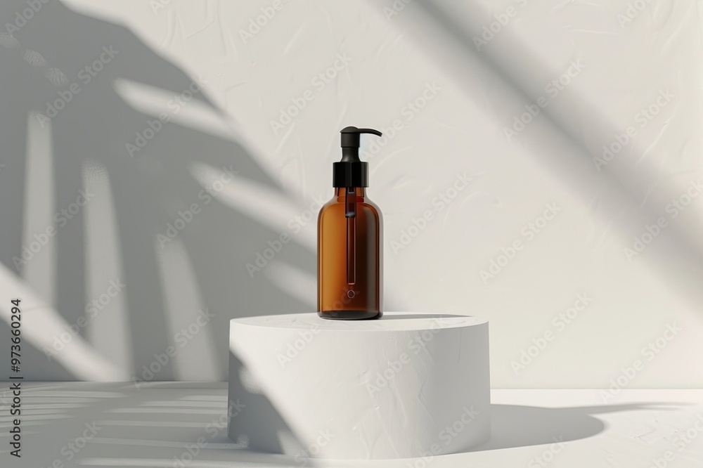 Serum cosmetic bottle with pump on white podium on white background Serum cosmetic bottle with pump on white podium on white background