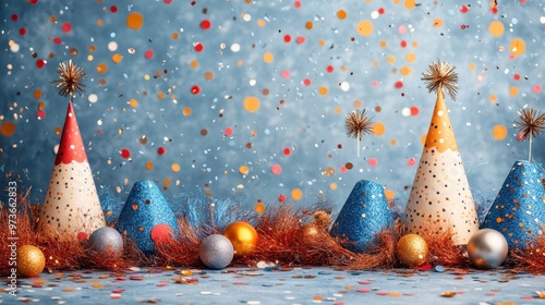 Festive scene with party hats and colorful confetti. photo