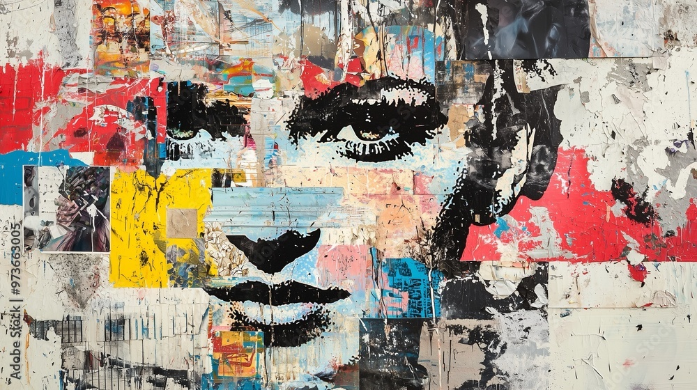 Naklejka premium A vibrant collage featuring an artistic face made from colorful paper and paint, representing modern creative expression.