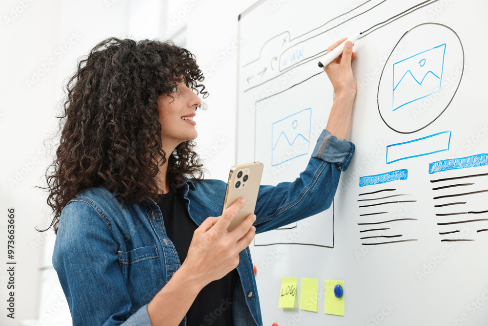 Developing UI design. Woman drawing website wireframe on whiteboard indoors Developing UI design. Woman drawing website wireframe on whiteboard indoors