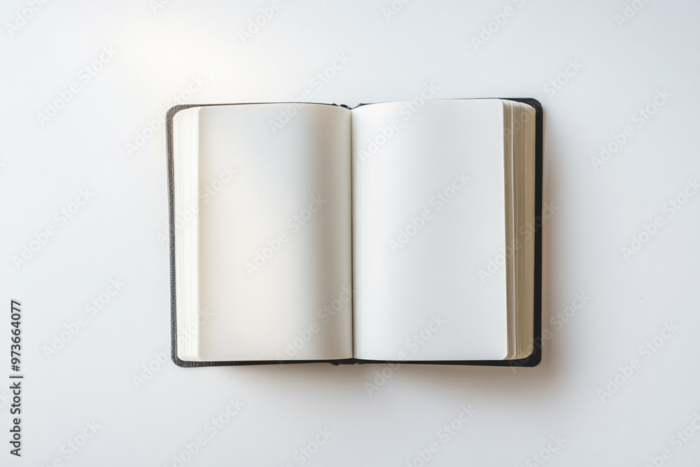 An open blank notebook lying flat, ready for writing, with clean white pages and a minimalist background An open blank notebook lying flat, ready for writing, with clean white pages and a minimalist background
