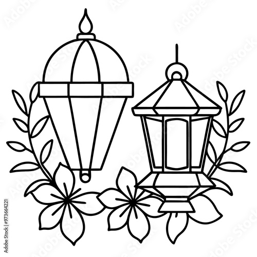 lanterns and flowers outline coloring book page line art drawing