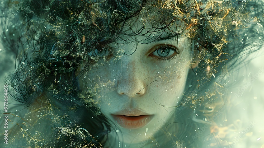 Mystical Portrait: Woman with Blue Eyes and Sparkly Hair Mystical Portrait: Woman with Blue Eyes and Sparkly Hair