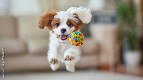 Playful Puppy with Colorful Ball in Mid-Air photo