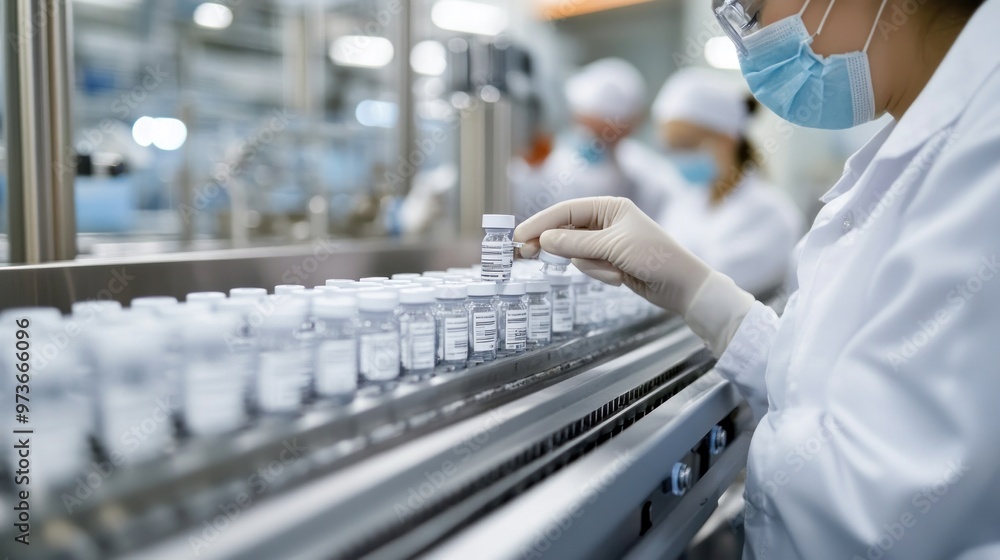 A worker in a lab coat and face mask inspects vials of liquid on a conveyor belt. A worker in a lab coat and face mask inspects vials of liquid on a conveyor belt.