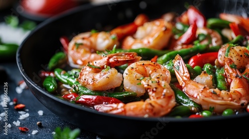 Close up of shrimp, red peppers, and green beans in a black pan.