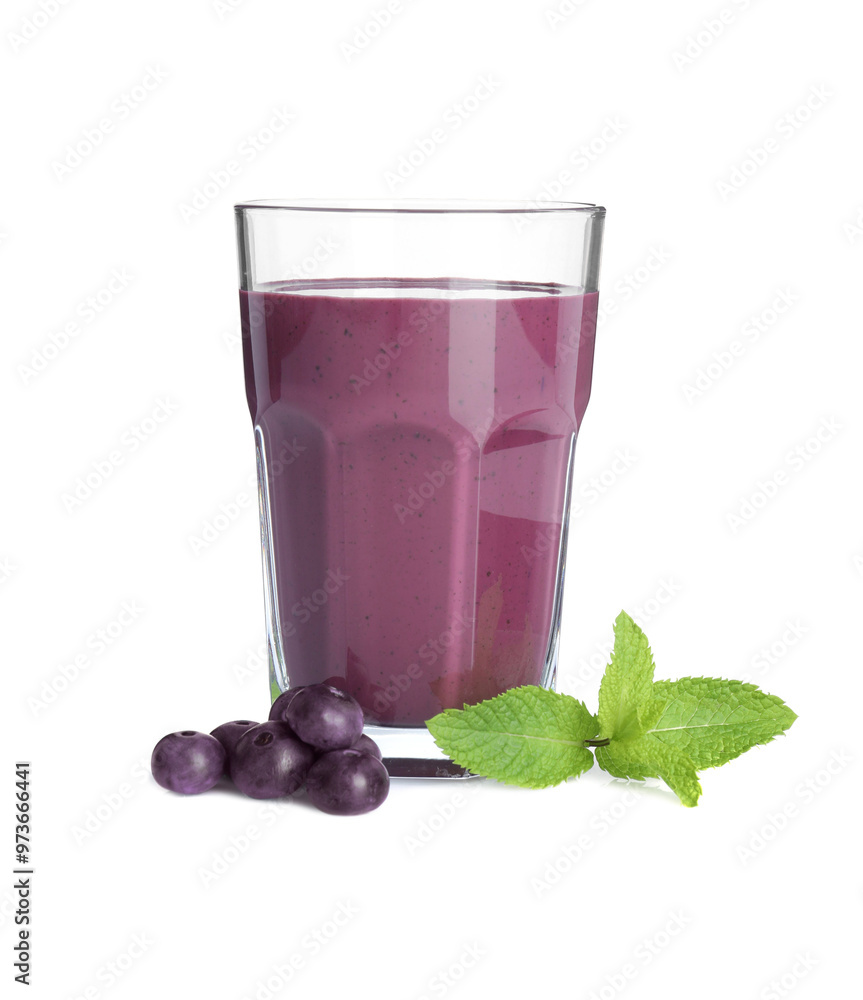 Tasty acai juice in glass, mint and berries isolated on white Tasty acai juice in glass, mint and berries isolated on white