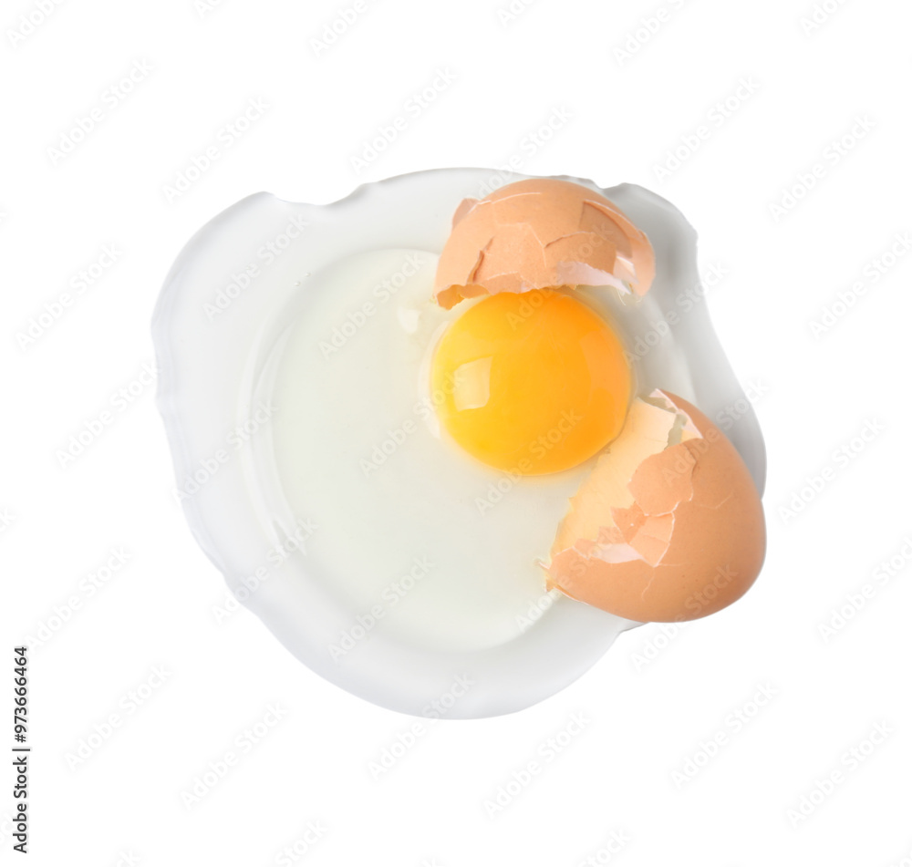 Broken raw egg with shell isolated on white, above view Broken raw egg with shell isolated on white, above view