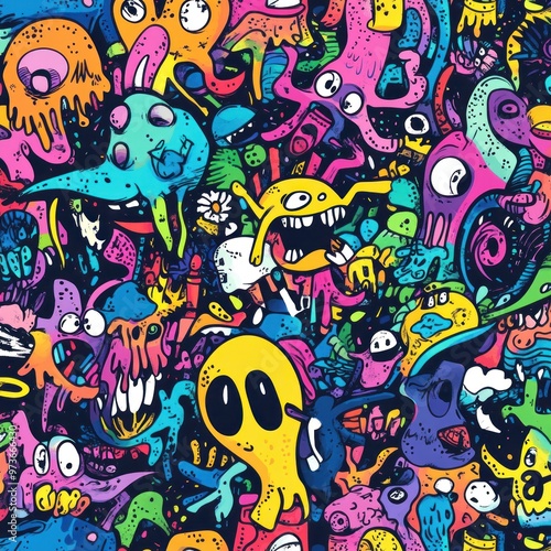 A colorful and chaotic pattern of cartoon monsters with big eyes and teeth.