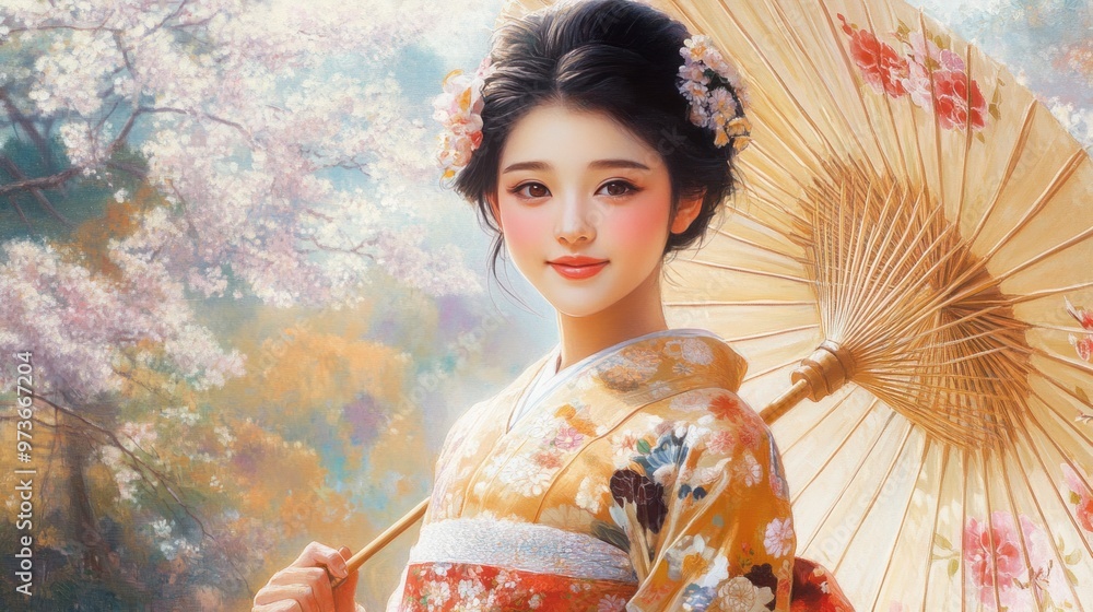 A portrait of a Japanese girl in a floral kimono, holding a traditional parasol, with a calm and gentle smile A portrait of a Japanese girl in a floral kimono, holding a traditional parasol, with a calm and gentle smile