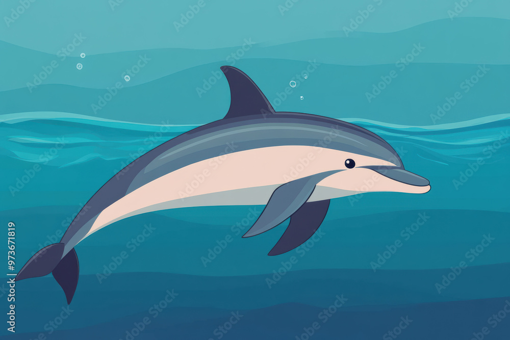 Obraz premium Illustration of a dolphin swimming gracefully in clear blue waters, with bubbles rising to the surface. Serene ocean scene with aquatic life.
