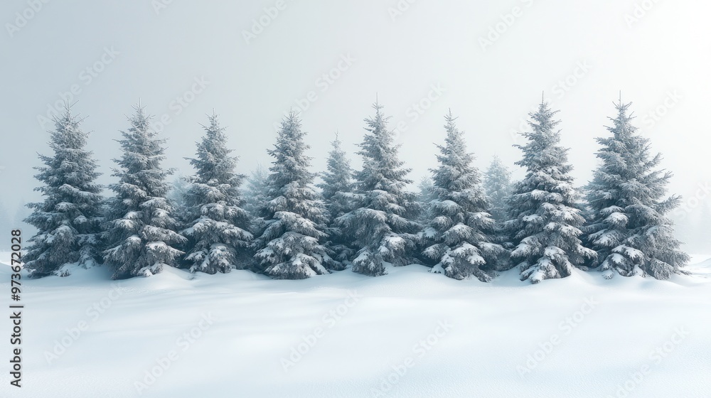 A serene winter landscape featuring snow-covered evergreen trees. A serene winter landscape featuring snow-covered evergreen trees.