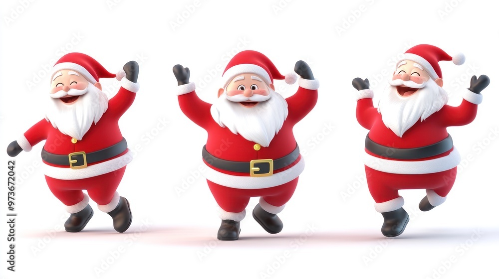Three cheerful cartoon Santas with arms raised in celebration. Three cheerful cartoon Santas with arms raised in celebration.