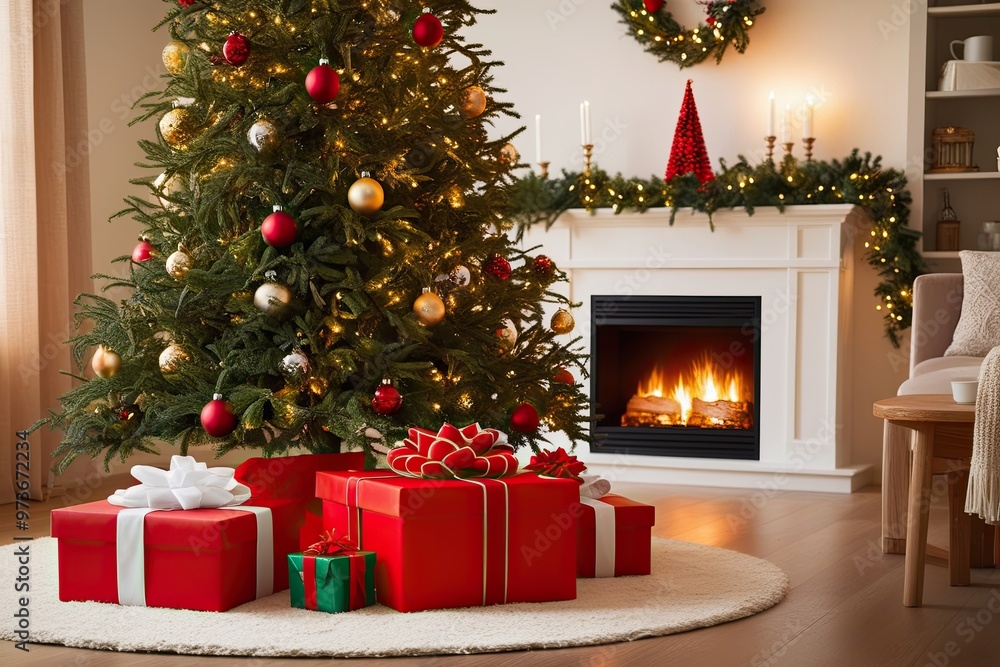 Secret Christmas Gift Under a Sparkling Tree in a Cozy Home with Warm Fireplace and Twinkling Lights