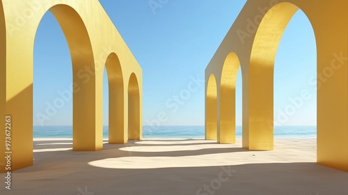 Historical yellow architectural arches ancient beauty wall gate on sandy beach with blue sky