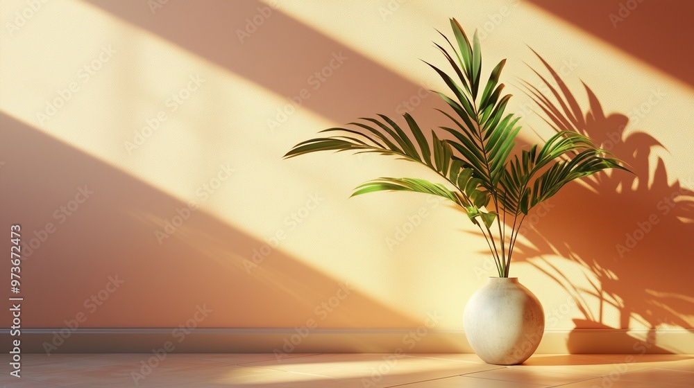 Peach wall cement blank with sun bright shadow from window and pot tree Peach wall cement blank with sun bright shadow from window and pot tree