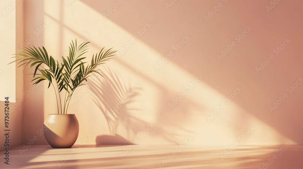 Peach wall cement blank with sun bright shadow from window and pot tree Peach wall cement blank with sun bright shadow from window and pot tree