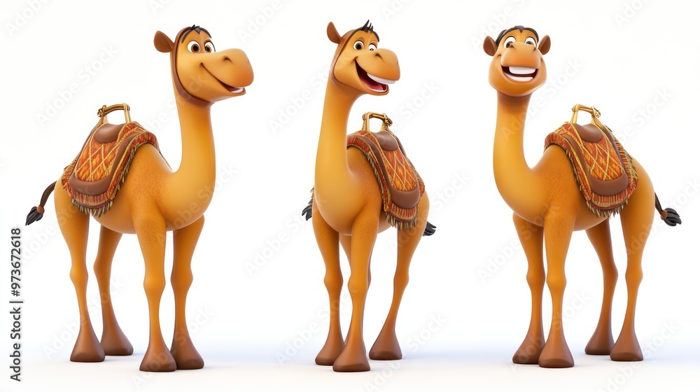 Naklejka premium Three cute cartoon camels with saddles stand on a white background, looking in different directions.