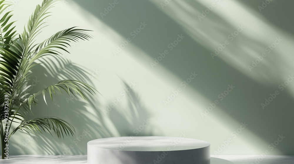 Fototapeta premium Simple minimalist podium stage green wall with shadow from window and palm leaves