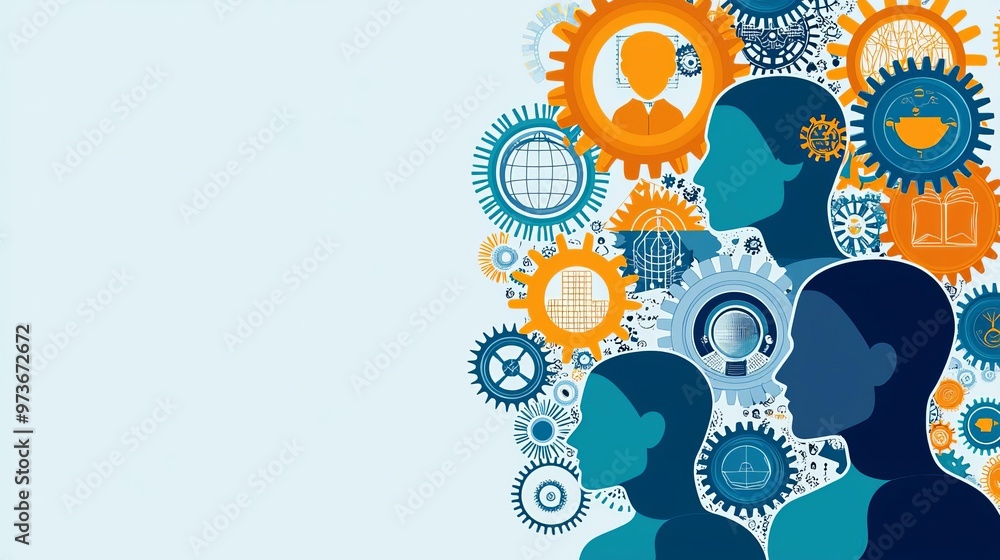 World Philosophy Day Conceptual gears and human heads, deep thinking for Philosophy Day, flat design illustration World Philosophy Day Conceptual gears and human heads, deep thinking for Philosophy Day, flat design illustration