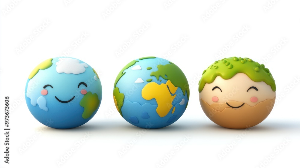 Three cartoon Earth globes with smiling faces. Three cartoon Earth globes with smiling faces.