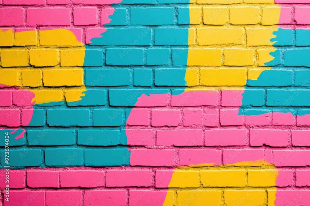 Naklejka premium Brightly colored brick wall painted with vibrant pink, yellow, and blue abstract shapes. Perfect for backgrounds or creative projects.