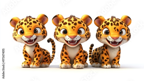 Three cute cartoon leopards sitting side by side with a white background.