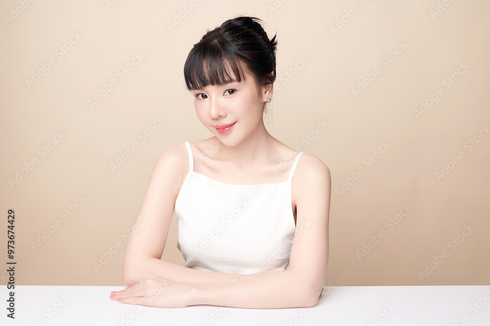 Beautiful young asian woman with clean fresh skin on beige background, Face care, Facial treatment, Cosmetology, beauty and spa, Asian women portrait. Beautiful young asian woman with clean fresh skin on beige background, Face care, Facial treatment, Cosmetology, beauty and spa, Asian women portrait.