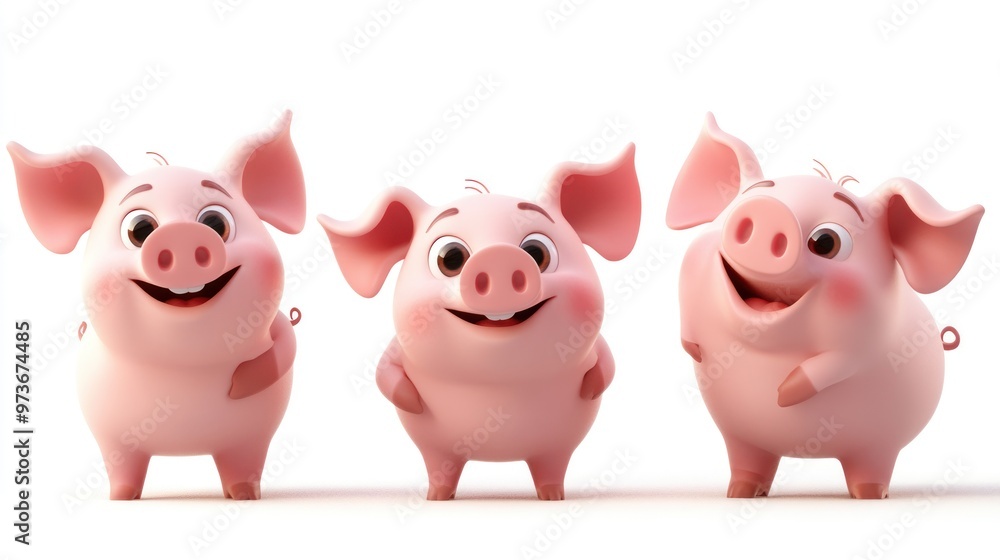Three cartoon pigs stand in a row, smiling and looking at the camera. Three cartoon pigs stand in a row, smiling and looking at the camera.