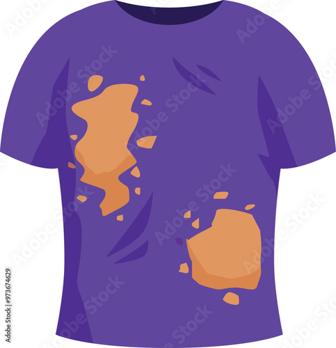 Purple t shirt showing stains and holes from being worn out, concept of old clothes to be replaced