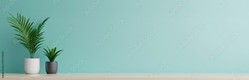 Minimalist workspace setup with two small potted plants on a wooden desk against an aqua-colored wall. Ideal for modern home office design themes Minimalist workspace setup with two small potted plants on a wooden desk against an aqua-colored wall. Ideal for modern home office design themes