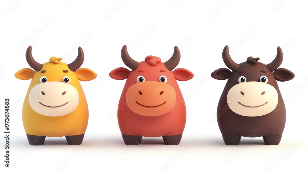 Obraz premium Three cartoon bulls, yellow, red, and brown, stand in a row against a white background.