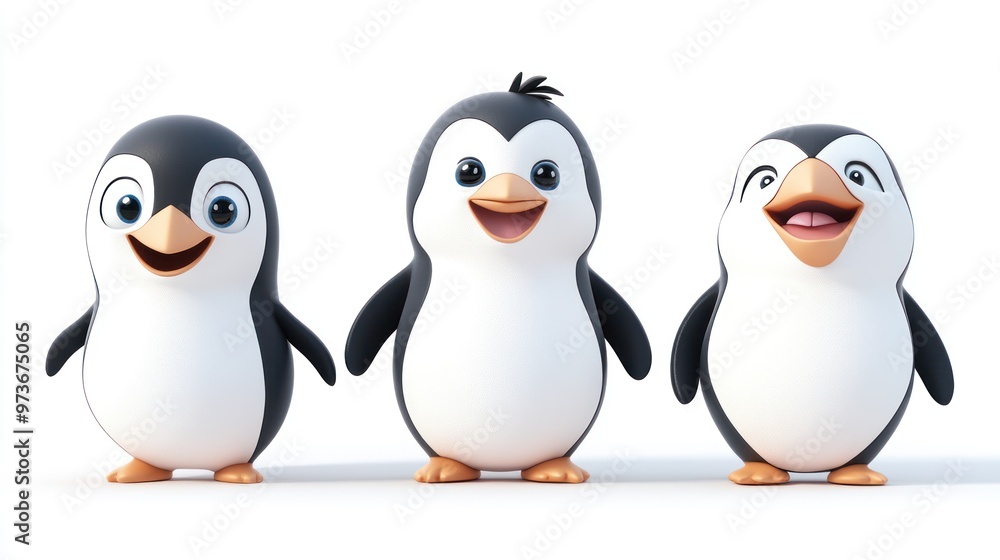 Naklejka premium Three cartoon penguins with big smiles stand together.