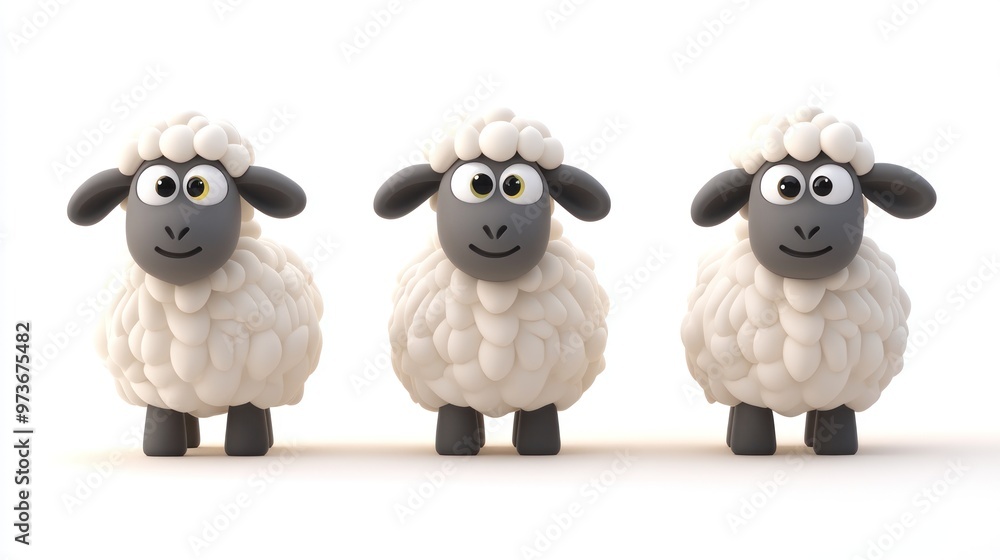 Three cute cartoon sheep with big eyes standing in a row on a white background. Three cute cartoon sheep with big eyes standing in a row on a white background.