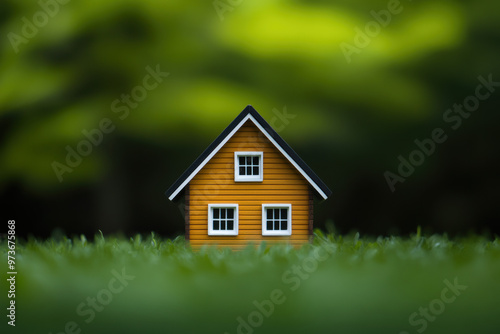 Wallpaper Mural Charming small yellow house with white windows, nestled in lush green grass, surrounded by a serene blurred natural background. Torontodigital.ca