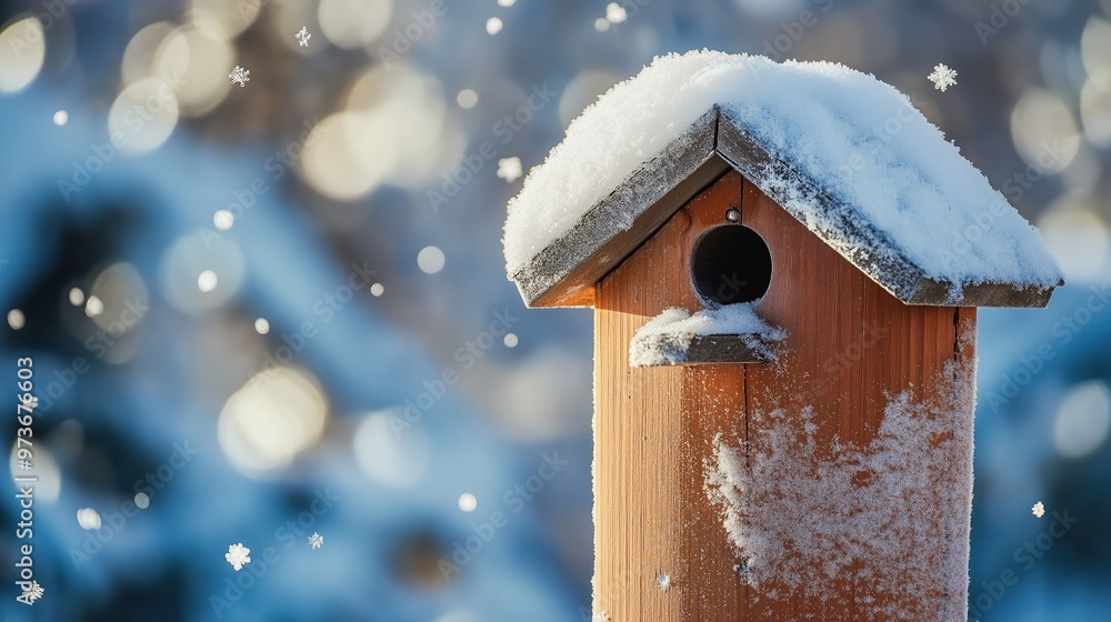Snow-Covered Birdhouse with Snowflakes Falling, Winter Scene Snow-Covered Birdhouse with Snowflakes Falling, Winter Scene