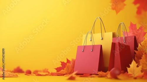 Wallpaper Mural Red and yellow shopping bags on yellow background with autumn leaves. Torontodigital.ca