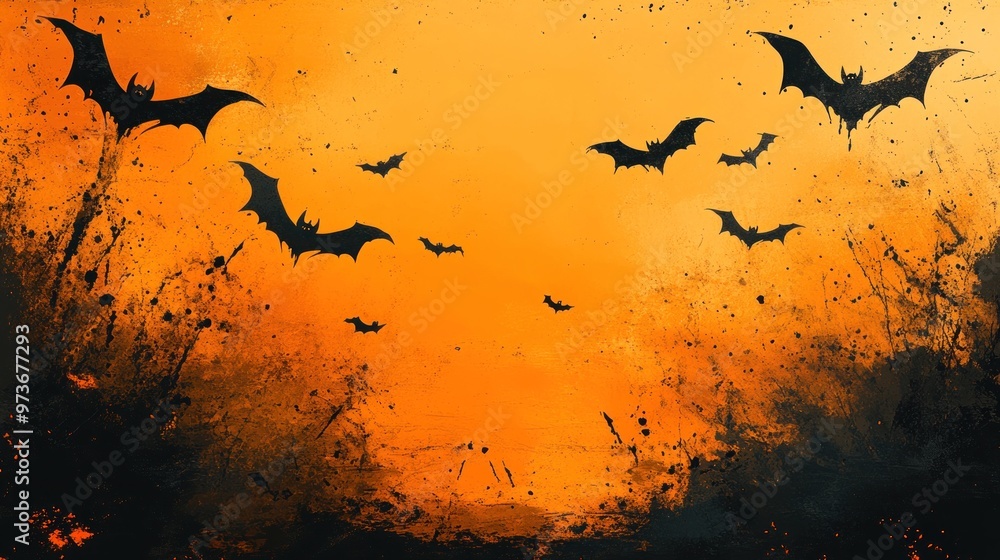 A spooky sunset with bats flying against an orange sky. A spooky sunset with bats flying against an orange sky.