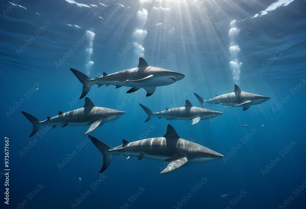 A school of sharks swimming in the deep blue ocean A school of sharks swimming in the deep blue ocean