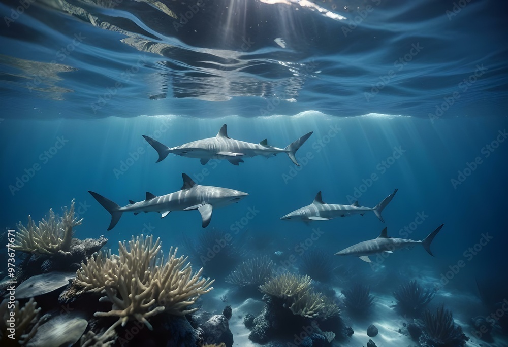 Obraz premium A school of sharks swimming in the deep blue ocean