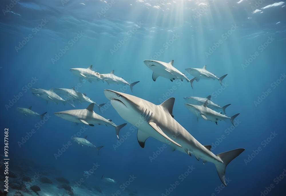 Obraz premium A school of sharks swimming in the deep blue ocean