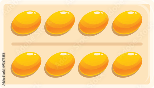 Blister pack is holding eight oval shaped yellow vitamins or pills, providing essential nutrients for health