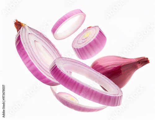 Sliced ​​red onions floating in the air on a white cloth background, generative ai photo