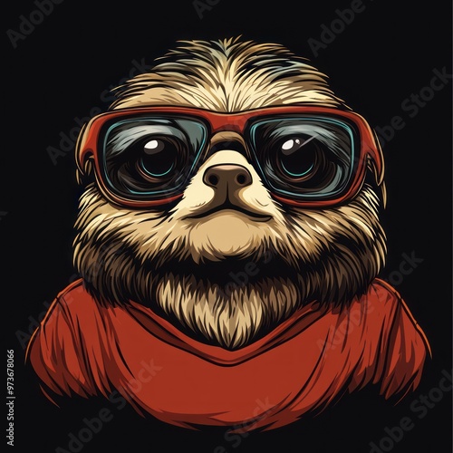 A sloth wearing red framed sunglasses and a red shirt.