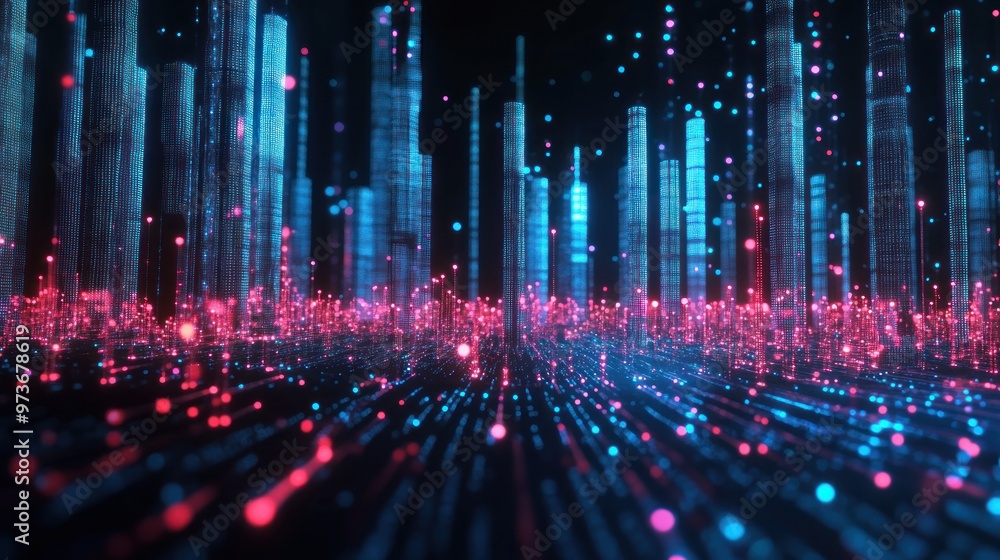 Futuristic digital city with glowing blue and red towers. Futuristic digital city with glowing blue and red towers.